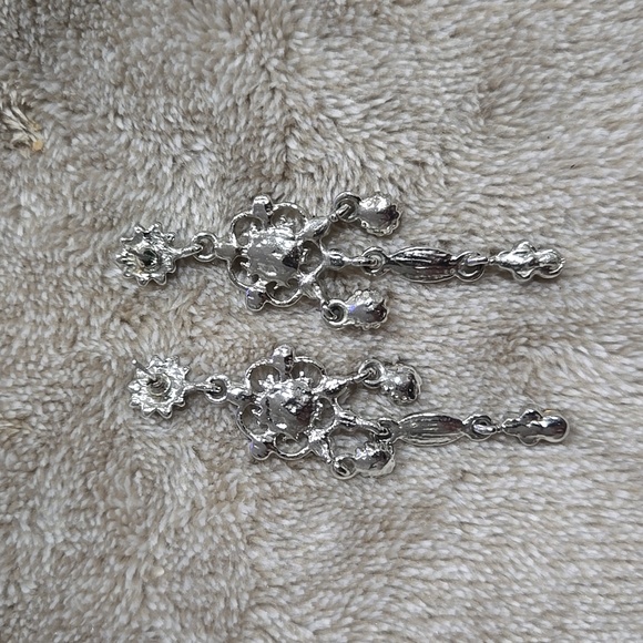 Silver Tone Pink Rhinestone Pierced Earrings - Picture 4 of 4